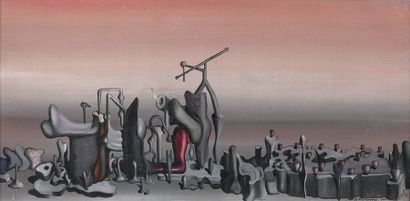 Yves TANGUY (1900-1955) 
La Couche sensible, 1933.
Huile sur panneau.
Signée, datée...