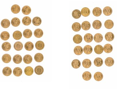 France 
Lot de 22 pièces de 20 francs or, IIIème République : 
1875 Paris (x2), 1896...