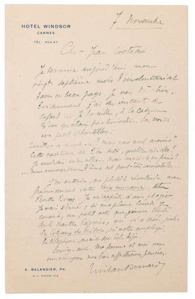 BERNARD TRISTAN (1866-1947) Lettre autographe signée à Jean Cocteau, 7 novembre [1944]....