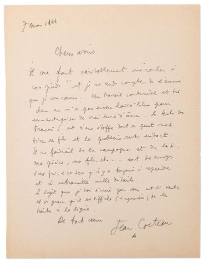 COCTEAU Jean (1889-1963) 
Lettre autographe signée aux éditions
Gallimard, 7 mars...