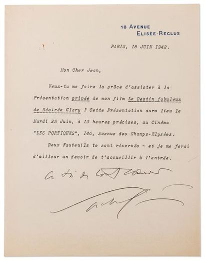 GUITRY Sacha (1885-1957) Lettre dactylographiée signée à Jean Cocteau. Paris, 18...