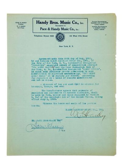 HANDY WILLIAM CHRISTOPHER (1873-1958) 
Contrat signé de Saint Louis Blues. 20 mai...