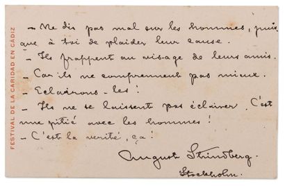 STRINDBERG AUGUSTE (1849-1921) 
Carte autographe signée. Stockholm.
Texte autographe...