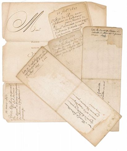 null Lot de cinq lettres manuscrites adressées à Monseigneur de Folleville pour lever...