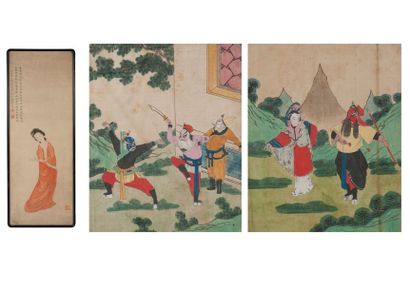 CHINE ou JAPON, XIXème siècle 

Trois gouaches sur tissu.

- Femme à la robe rouge,...