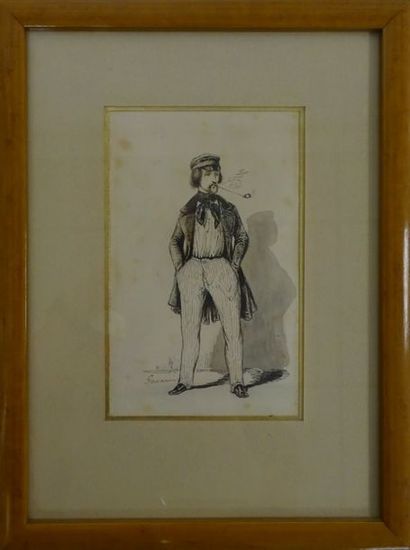 GAVARNI Paul (1804-1866) 

Personnage fumant. 

Encre et lavis d'encre sur papier....
