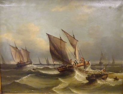 Suiveur de Paul HUET (1803-1869) 

Pêche en mer. 

Huile sur toile. 

49 x 65 cm....