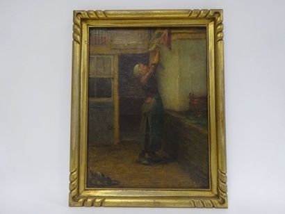 Edmond Eugène VALTON (1836-1910) 

Cuisinière accrochant son torchon. 

Huile sur...