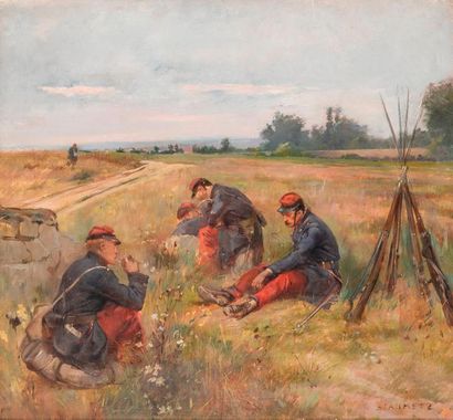 Étienne DUJARDIN-BEAUMETZ (1852-1913) 

La halte de soldats français près d'un chemin.

Huile...