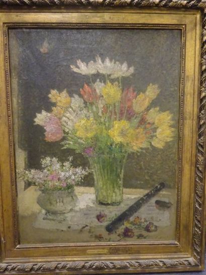 Ernest QUOST (1844-1931) 

Deux vases de tulipes et de fleurettes, posés sur une...