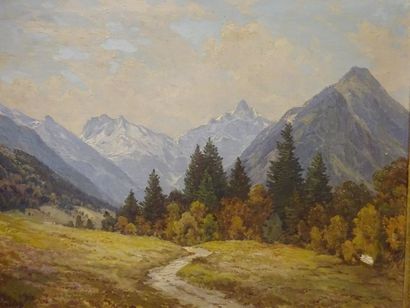 Carl BERTOLD (1870-?) 

Chemin dans un paysage de montagnes.

Huile. 

Signée. 

80...