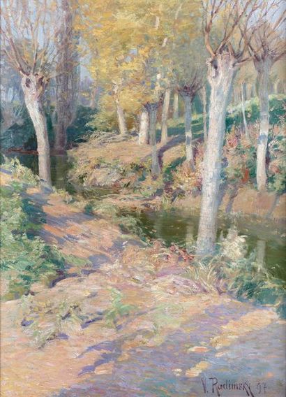 Václav RADIMSKY (1867-1946) Ruisseau dans le sous-bois, 1897.
Huile sur toile.
Signée...
