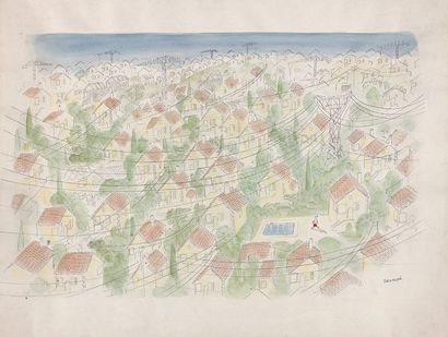 Jean Jacques SEMPE (1932) Vue d'en haut.
Mine de plomb, encre, aquarelle et crayons...