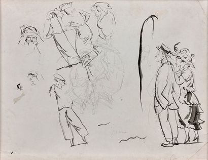 Jules PINCAS dit PASCIN (1885-1930) Les badauds, U.S.A, 1918.
Dessin au crayon noir...