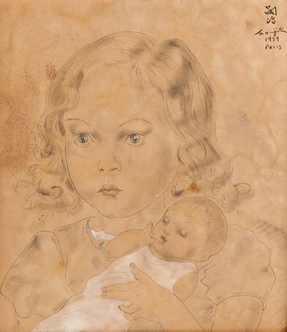 Leonard Tsuguharu FOUJITA (1886-1968) Jeune fille portant un nourrisson dans ses...