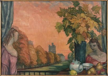 André MAIRE (1898-1984) L'heure du thé, devant le donjon de Vincennes, 1976.
Huile...
