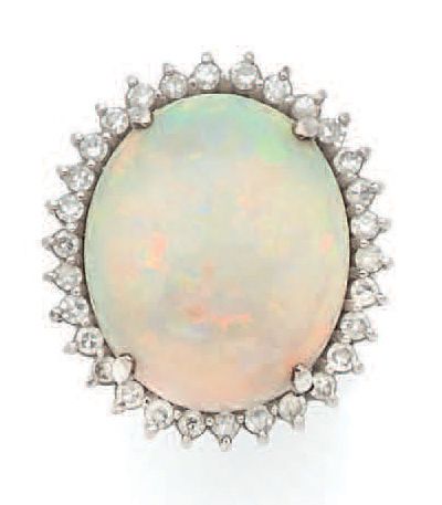 null Bague en or gris (585) ornée d'une opale en cabochon ovale dans un entourage...