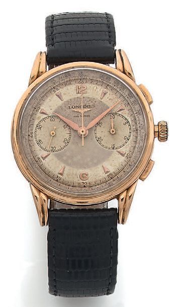 LONGINES Montre chronographe bracelet d'homme.
Boîtier rond en or jaune (750).
Cadran...