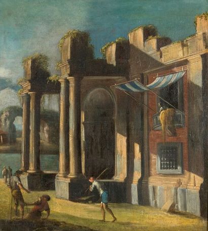 Attribué à Francesco ALBOTTO (Venise vers 1721-1757) Habitation dans des ruines au...