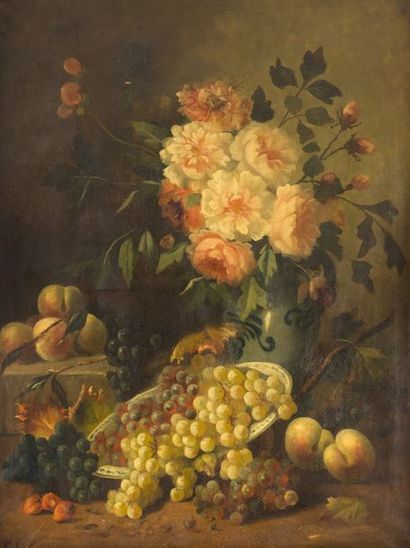 Ecole du XIXème siècle Nature morte aux boutons de roses et pivoines, raisins et...