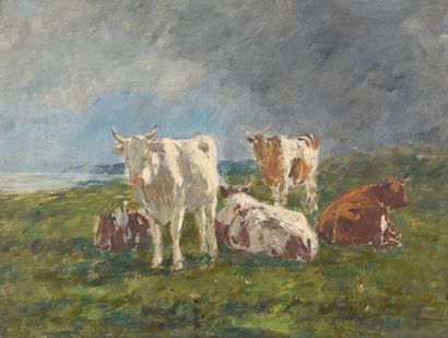 Eugène BOUDIN (1824-1898) Vaches aux pâturages sur la falaise (Normandie).
Huile...