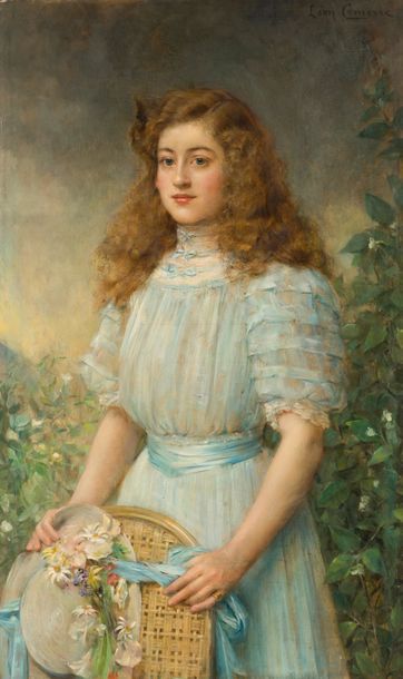 Léon-François COMERRE (1850-1916) Portrait de Mademoiselle Lambert, au chapeau fleuri.
Huile...