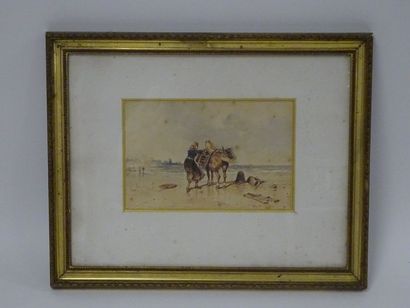 Ecole du XIXème siècle 

Femme battant son cheval avec des casiers, sur la plage.

Aquarelle...