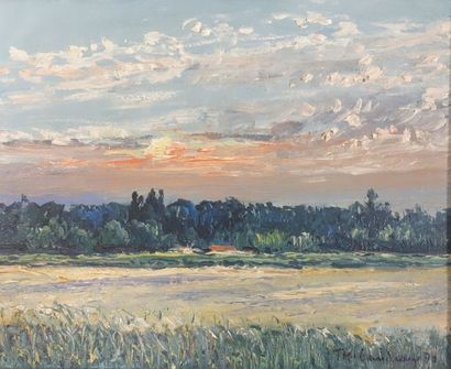 Roger THIBAUDEAU (1920) 

Paysage, coucher de soleil. [19]70.

Huile sur toile. 

Signée...
