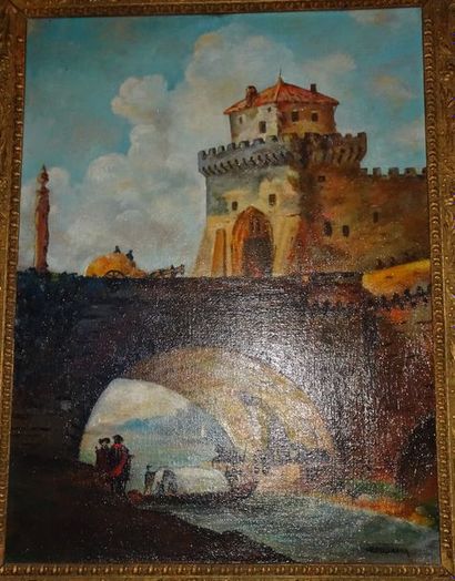 D'après Hubert ROBERT 

ROTAURENQ (?) (XXème)

Paysage au pont en Italie.

Huile...