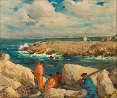 Emile SIMON (1890-1976) 

Les pêcheurs de langoustes. 

Huile sur carton. 

Signée...