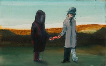 KOMET (1941) 

Deux personnages dans un paysage, 1981. 

Huile sur toile. 

Monogrammé...