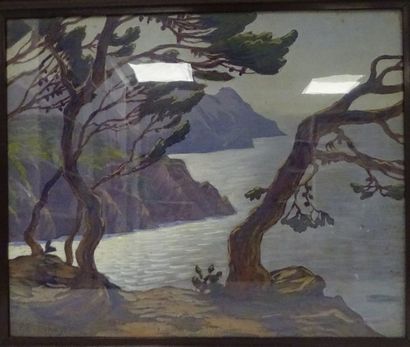 François E. LAHAYE (XIXème-XXème) 

Bord de mer aux pins. 

Gouache sur papier. 

Signée...