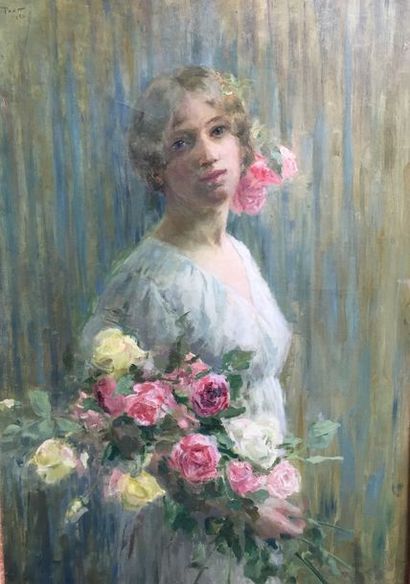 PRATT (XIX-XXème siècle) 

Portrait d'une jeune fille au bouquet de roses, 1913....