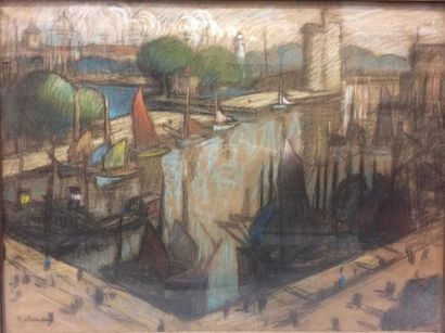 Gaston BALANDE (1880-1971) 

Vue du port de la Rochelle. 

Fusain et pastel sur papier....