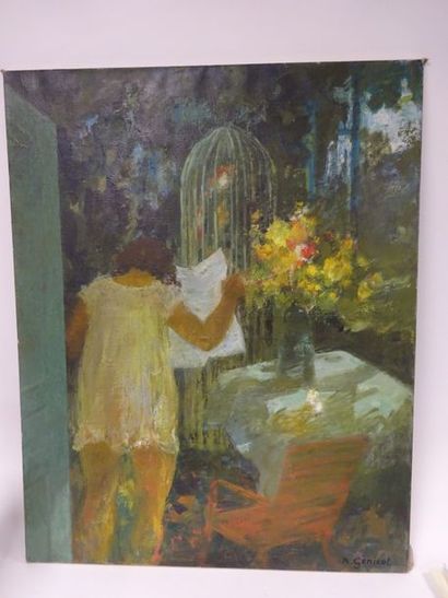 Robert GENICOT (1890-1981) 
Jeune femme à la lecture.
Huile sur toile.
Signée en...