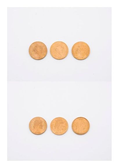 France 

Lot de trois pièces de 20 Francs or, IIIème république, 1907 (x2), 1912....