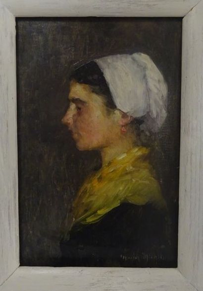 Marius MICHEL (1853-?) 

Profil de jeune femme au bonnet blanc. 

Huile sur toile....