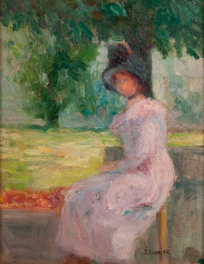 Jeanne LOURIER-DREYFUS (1872-1955) 

Elégante dans un parc. 

Huile sur panneau....