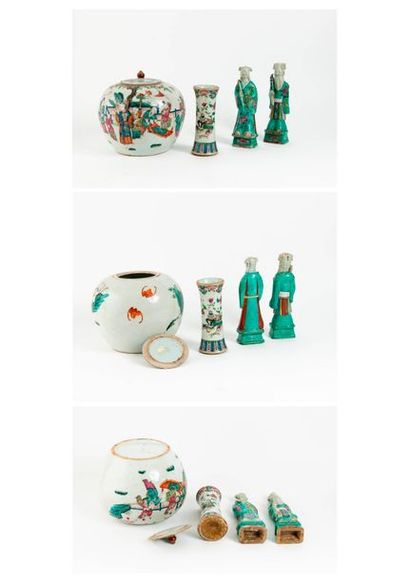 CHINE, XIXème-XXème siècle 

Quatre pièces en porcelaine polychrome :

- pot à gingembre...