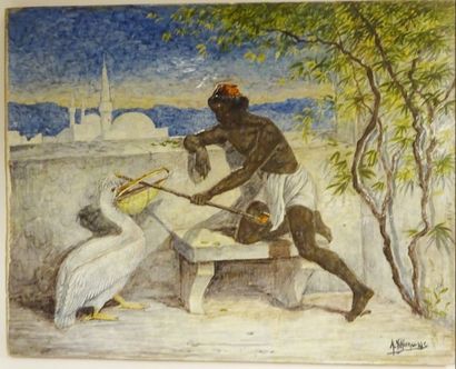 Attribuée à Adolphe THOMASSE (1850-1930) 

Nubien jouant avec un pélican, une mosquée...