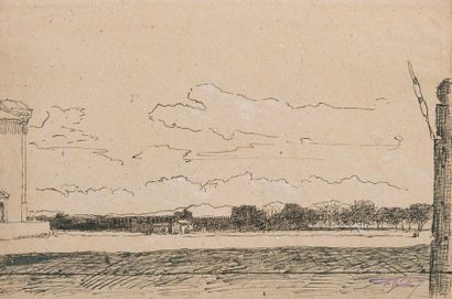 FRANS GAILLIARD (1861-1932) 

Paysage aux bâtiments.

Encre et rehaut de craie blanche...