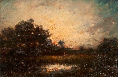 Léon Victor DUPRE (1816-1879) 

Paysage au crépuscule.

Huile sur panneau.

Non signé.

10...