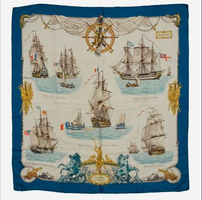 HERMES Paris 
Carré en twill de soie imprimé titré "Vaisseaux et Frégates", la bordure...