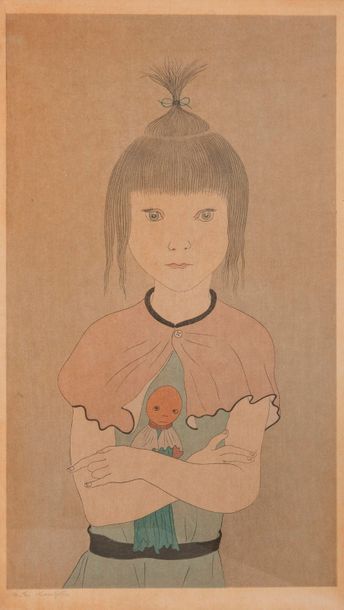Leonard Tsuguharu FOUJITA (1886 - 1968) 

Fillette à la poupée. 

Gravure sur bois...