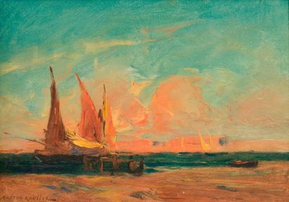 Gaston ROULLET (1847-1925) 
Sailboats at sunset. 
Oil on canvas. 
Signed lower left....