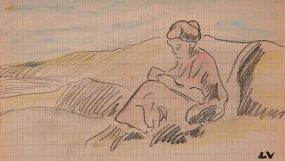 Louis VALTAT (1869-1952) 

Femme lisant dans un paysage. 

Crayon et aquarelle sur...