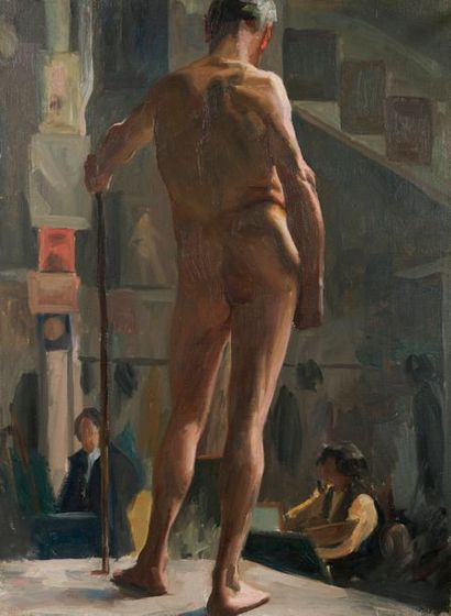 André VERGER (1912-1990), attribué à 

Study of back man in the workshop. 

Oil on...