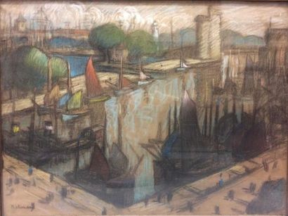 Gaston BALANDE (1880-1971) 

View of the port of La Rochelle. 

Charcoal and pastel...