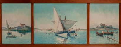 Alphonse REY (1865-1938) 

Voiliers et barques près d'un port. 

Trois aquarelles...