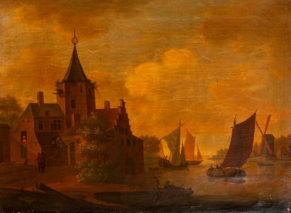 Ecole Hollandaise du XIXème siècle 

Paysage animé aux voiliers. 

Huile sur toile....